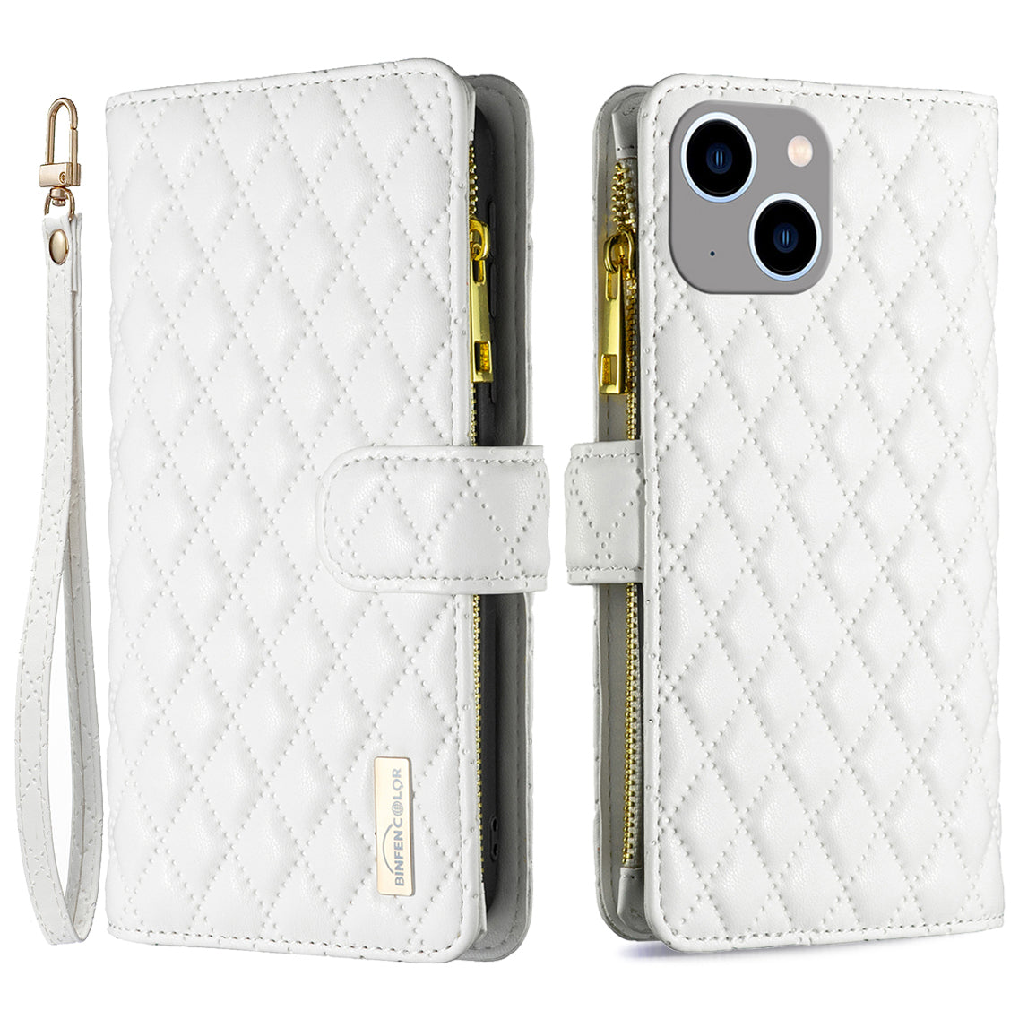 Binfen Color BF Style-15 For iPhone 15 Plus Flip Case Zipper Pocket Wallet Phone Stand Shell PU Leather Cover - White Binfen Color BF Style-15 For iPhone 15 Plus Flip Case Zipper Pocket Wallet Phone Stand Shell PU Leather Cover - White